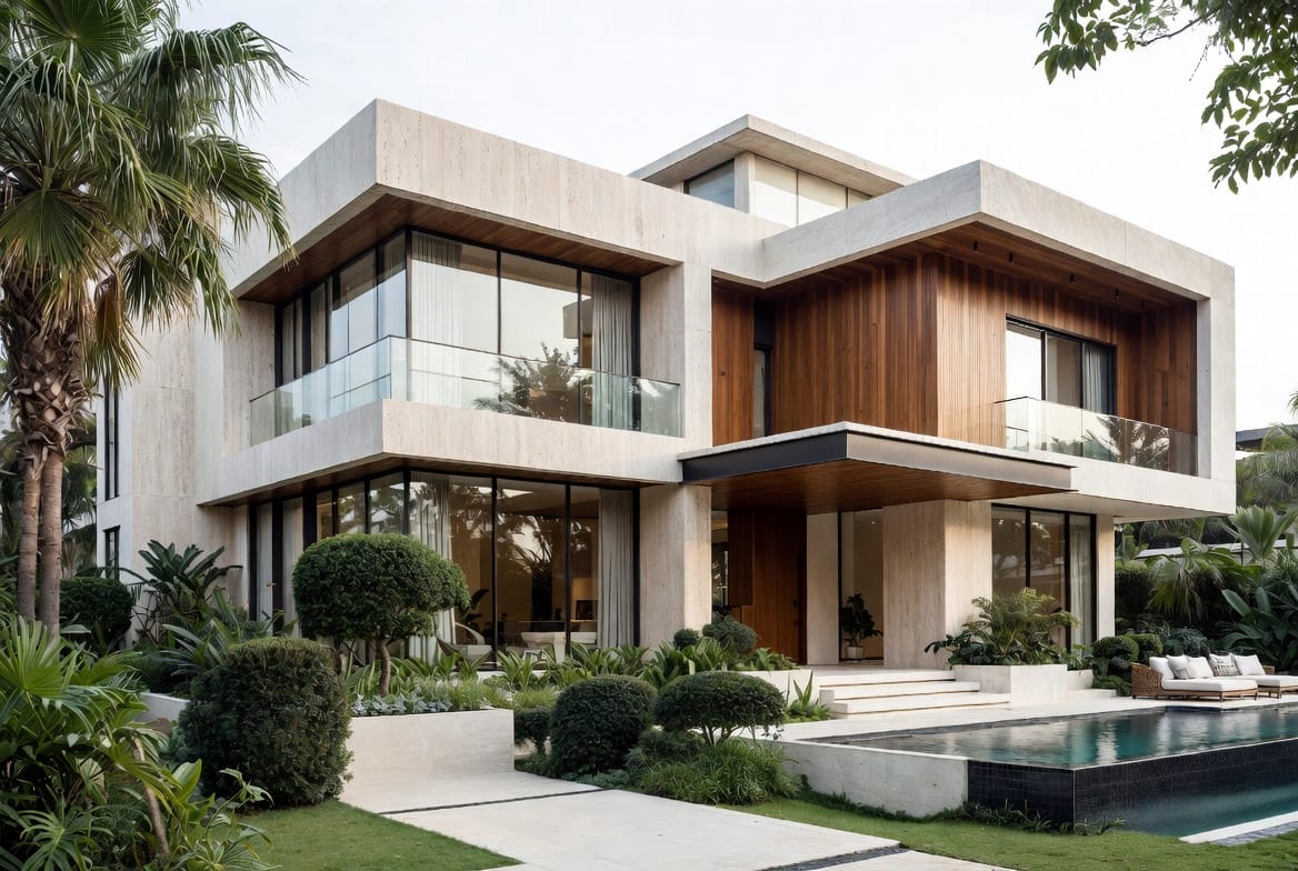 Home angled view highlighting balconies