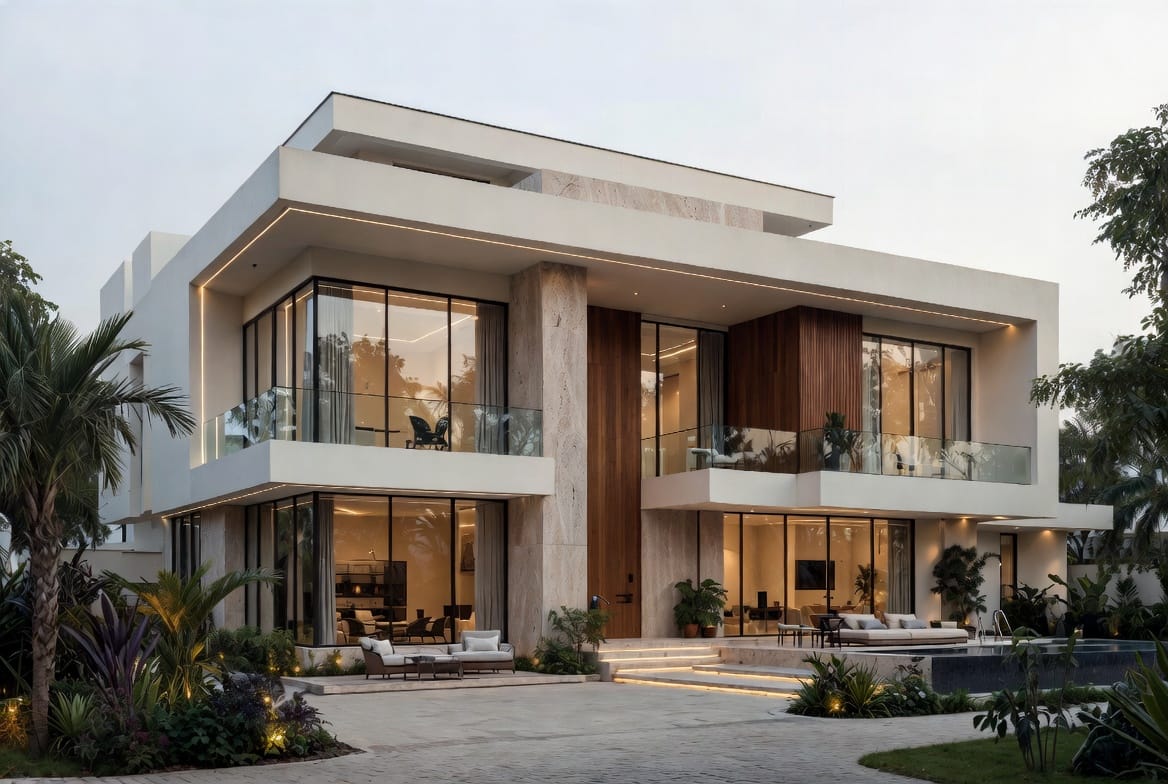 Home front elevation at golden hour